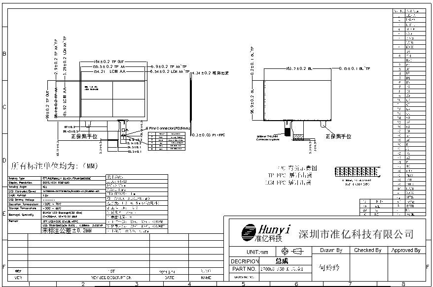 Mechanical Drawing 5.5 Inch Touch Panel TFT LCD Display 600*1024 Double Driver IC RGB Interface 450 Nits